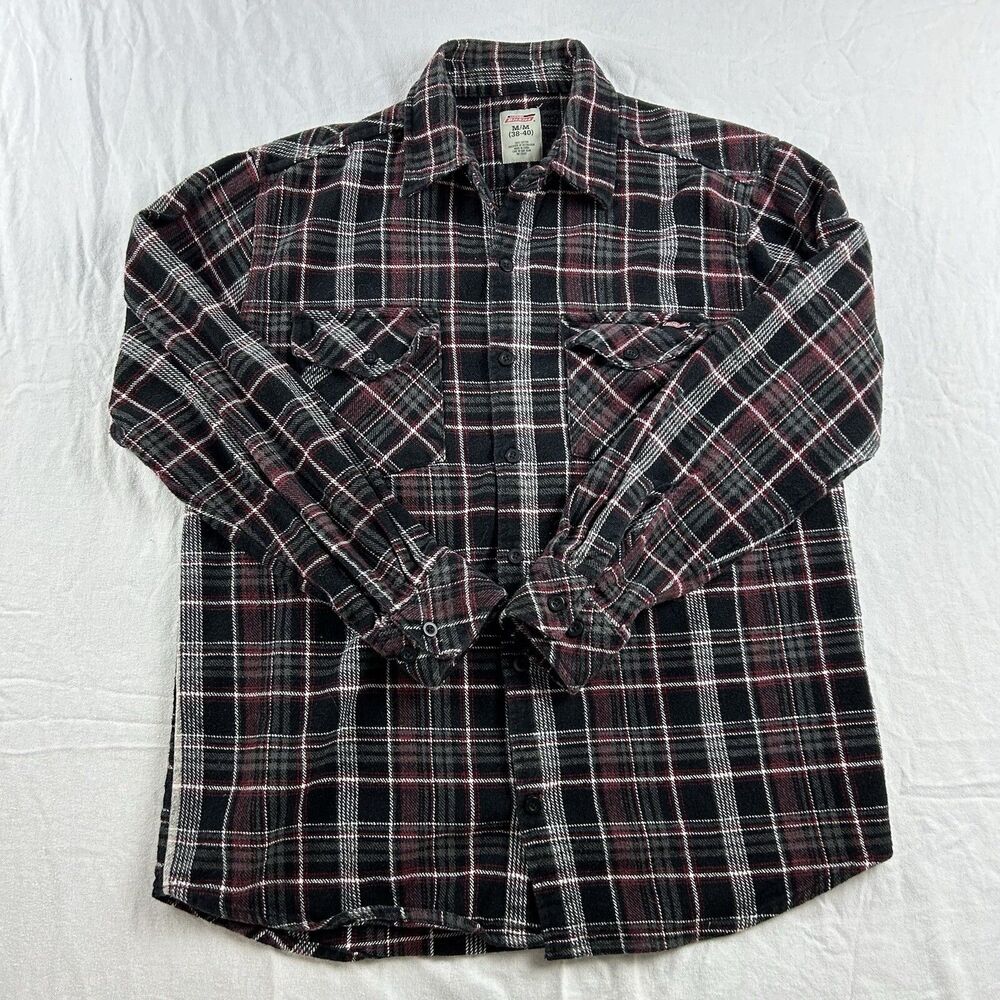 Vintage Dickies Thick Work Shirt Button Up Mens Medium Plaid Black Red Pockets